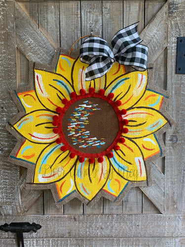 Burlap Sunflower Door Hanger - Yellow Fall Round Sunflower