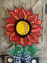 Load image into Gallery viewer, Burlap Sunflower Door Hanger - Large Red Fall in Flowerpot