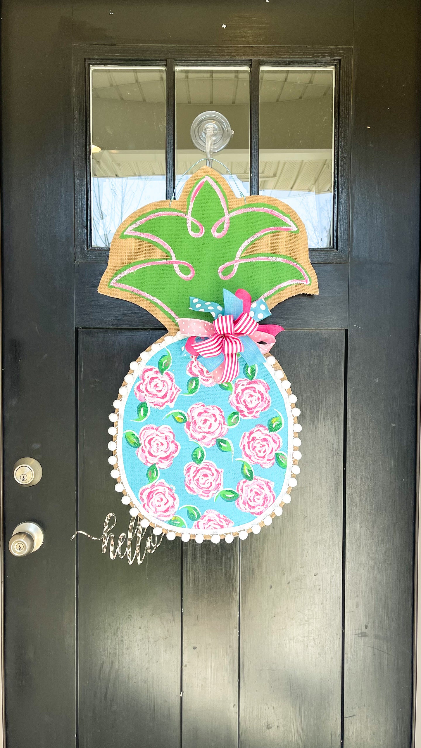 Burlap Pineapple Door Hanger - Lilly First Impressions Inspired Floral (Large/Turquoise & Pink)