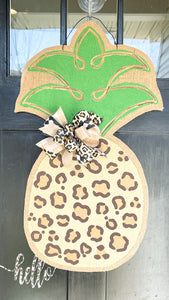 Burlap Pineapple Door Hanger in large Leopard