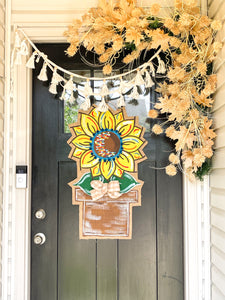 Burlap Sunflower Door Hanger - Large Yellow Fall in Flowerpot