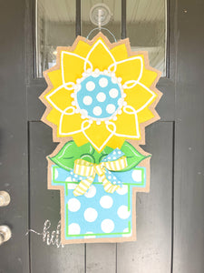 Burlap Sunflower Door Hanger - Large Yellow Spring/Summer in Flowerpot