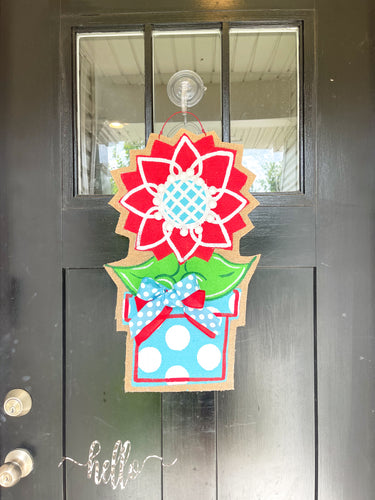 Burlap Sunflower Door Hanger - Small Red Spring/Summer in Flowerpot