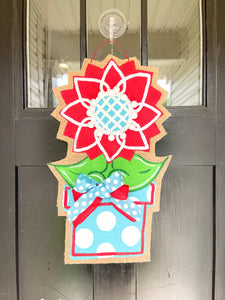 Burlap Sunflower Door Hanger - Small Red Spring/Summer in Flowerpot