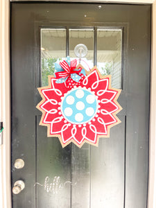 Burlap Flower Door Hanger - Red Spring/Summer Round Sunflower