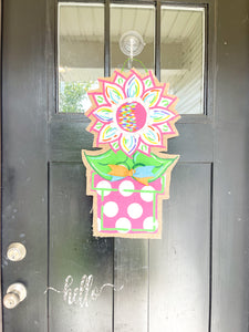 Burlap Sunflower Door Hanger - Small White Spring/Summer in Flowerpot