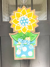 Load image into Gallery viewer, Burlap Sunflower Door Hanger - Small Yellow Spring/Summer in Flowerpot
