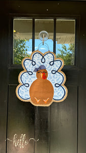 Chinoiserie Thanksgiving Turkey Door Hanger - Blue leopard
