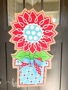 Burlap Sunflower Door Hanger - Large Red Spring/Summer in Flowerpot