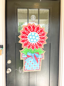 Burlap Sunflower Door Hanger - Large Red Spring/Summer in Flowerpot