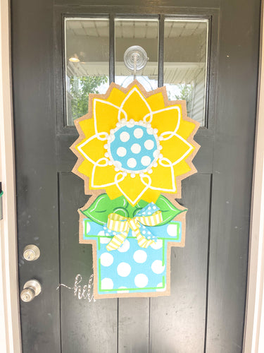 Burlap Sunflower Door Hanger - Large Yellow Spring/Summer in Flowerpot