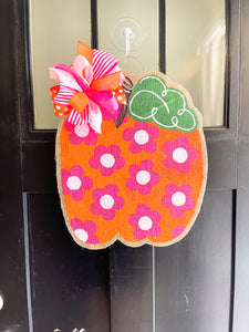 Burlap Pumpkin Door Hanger - Pink Retro Flowers