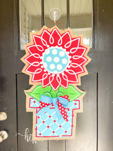 Burlap Sunflower Door Hanger - Large Red Spring/Summer in Flowerpot