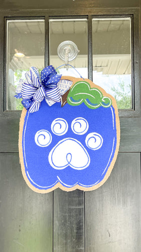 Burlap Pumpkin Door Hanger - Royal Blue Cat Paw