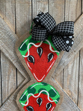 Load image into Gallery viewer, red and green watermelon slice door hanger with black bow