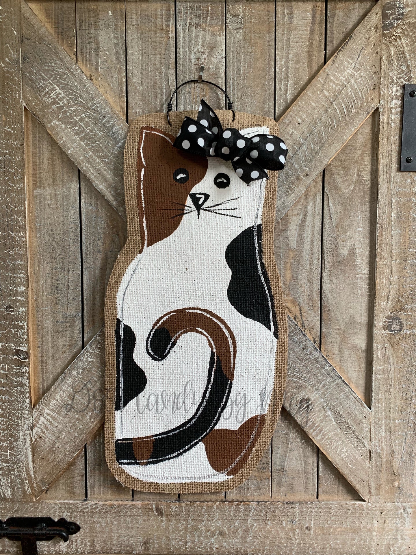 cat door hanger burlap calico cat with black bow