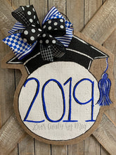 Load image into Gallery viewer, graduation cap door hanger with 2019 and royal blue bow