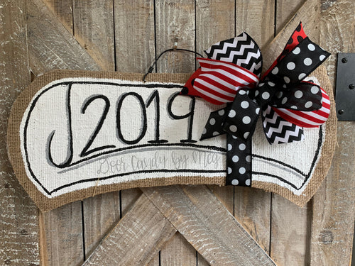 red and black graduation door hanger with 2019 and red and black bow