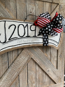red and black graduation door hanger with 2019 and red and black bow