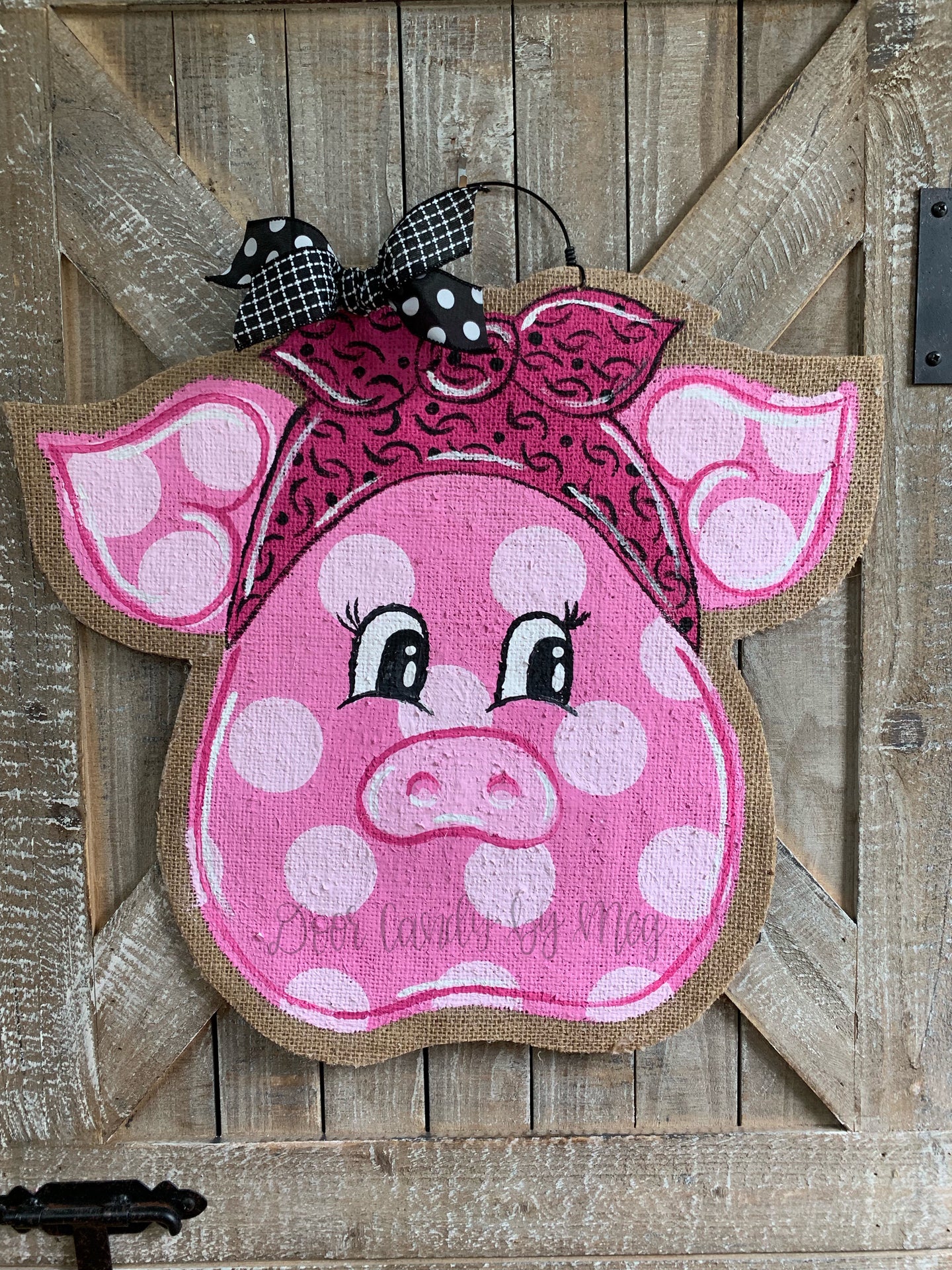 polka dot pig door hanger with pink bandana burlap door hanger