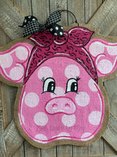 Load image into Gallery viewer, polka dot pig door hanger with pink bandana burlap door hanger