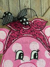 Load image into Gallery viewer, polka dot pig door hanger with pink bandana burlap door hanger