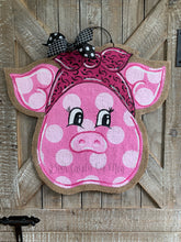 Load image into Gallery viewer, polka dot pig door hanger with pink bandana burlap door hanger