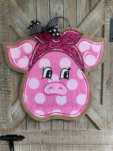 polka dot pig door hanger with pink bandana burlap door hanger