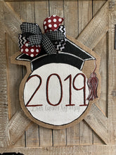 Load image into Gallery viewer, graduation cap door hanger with maroon and black bow