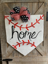 Load image into Gallery viewer, baseball home plate door hanger with hand-lettered home and black and red bow