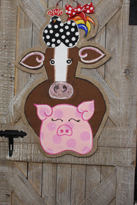 chicken pig cow door hanger, farm animal door hanger, burlap door hanger, barn door hanger, farmhouse door hanger, doorcandybymeg, burlap door hanger