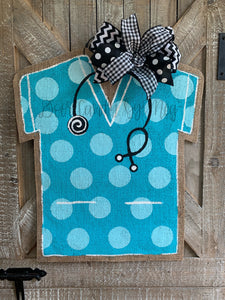 Medical Professional Door Hanger - Light Blue Polka Dot Scrubs