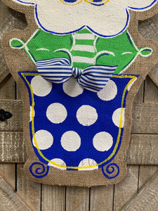 blue white and yellow burlap flower door hanger in blue and white polka dot flowerpo