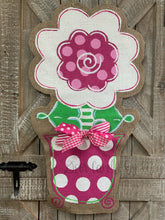 Load image into Gallery viewer, burlap flower door hanger, flower door hanger painted, front door flower hanger, flower door hanging, spring door hangers
