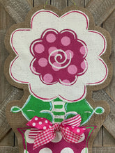 Load image into Gallery viewer, burlap flower door hanger, flower door hanger painted, front door flower hanger, flower door hanging, spring door hangers