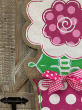 Load image into Gallery viewer, burlap flower door hanger, flower door hanger painted, front door flower hanger, flower door hanging, spring door hangers