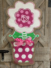 Load image into Gallery viewer, burlap flower door hanger, flower door hanger painted, front door flower hanger, flower door hanging, spring door hangers
