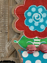 Load image into Gallery viewer, red and turquoise whimsical burlap flower door hanger in turquoise and white polka dot flowerpot