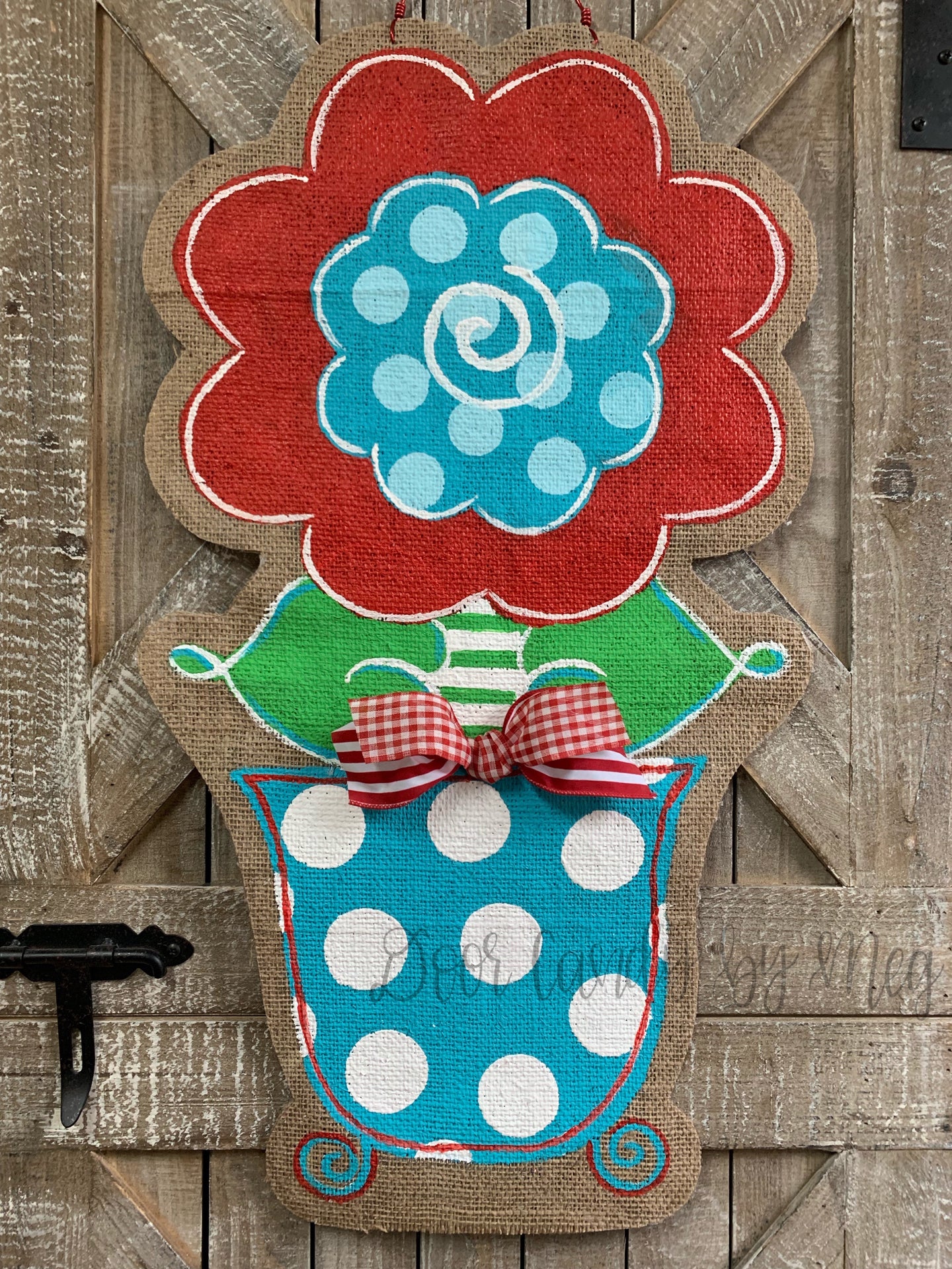 red and turquoise whimsical burlap flower door hanger in turquoise and white polka dot flowerpot