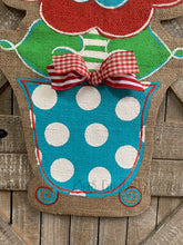 Load image into Gallery viewer, red and turquoise whimsical burlap flower door hanger in turquoise and white polka dot flowerpot