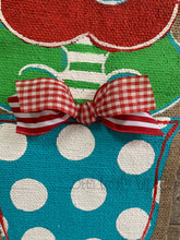 Load image into Gallery viewer, red and turquoise whimsical burlap flower door hanger in turquoise and white polka dot flowerpot