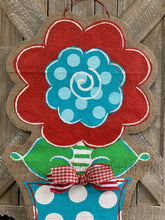 Load image into Gallery viewer, red and turquoise whimsical burlap flower door hanger in turquoise and white polka dot flowerpot