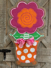 Load image into Gallery viewer, pink and orange whimsical burlap flower door hanger in orange and white polka dot flowerpot