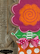 Load image into Gallery viewer, pink and orange whimsical burlap flower door hanger in orange and white polka dot flowerpot