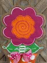 Load image into Gallery viewer, pink and orange whimsical burlap flower door hanger in orange and white polka dot flowerpot
