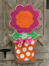 Load image into Gallery viewer, pink and orange whimsical burlap flower door hanger in orange and white polka dot flowerpot