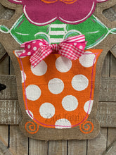 Load image into Gallery viewer, pink and orange whimsical burlap flower door hanger in orange and white polka dot flowerpot