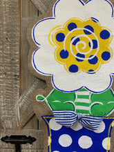 Load image into Gallery viewer, blue white and yellow burlap flower door hanger in blue and white polka dot flowerpo