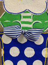 Load image into Gallery viewer, blue white and yellow burlap flower door hanger in blue and white polka dot flowerpo