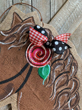 Load image into Gallery viewer, brown whimsy horse head door hanger with painted rose detail
